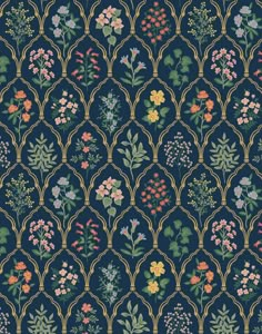 a blue wallpaper with flowers and leaves on it