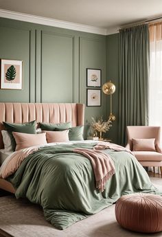 a bedroom with green walls and pink bedding in the corner, along with two armchairs