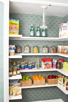 an image of a pantry with food on the shelves