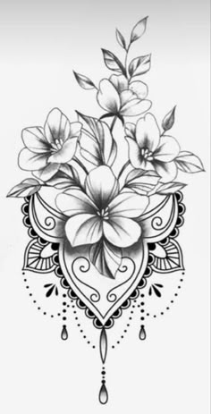 a black and white drawing of flowers on a white background with an ornate border around it