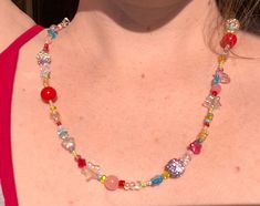 Fun pretty beaded necklace. Reminds me of a mermaid named Bubbles. Random Beaded Necklace, Funky Beaded Necklace, Cherry Beaded Necklace, Trendy Beaded Necklace, Mermaid Names, Colorful Beaded Necklace, Cherry Necklace, Handmade Beaded Necklace, Necklace Colorful