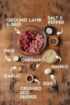 the ingredients to make this meat recipe are shown in separate bowls on a wooden table