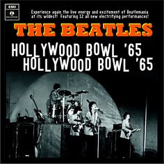 the beatles concert poster for hollywood bowl'65, featuring three men on stage with guitars