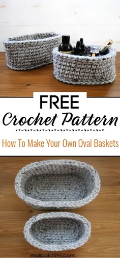 two crocheted baskets with the words oval oil basket on top and below them