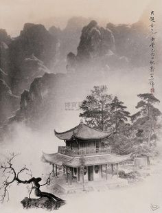 an old photo of a chinese building in the snow with mountains in the back ground