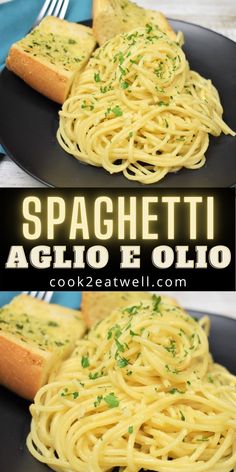 two black plates with spaghetti and bread on them