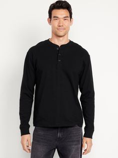 crew neck long sleeves button-henley placket rib-knit trim loose fit hits at hip model is approx.  6'1" and wears size mmachine wash according to the care instruction label  . Best Holiday gift for Men , perfect T Shirts for Christmas! Holiday Gifts For Men, Henley Shirt Men, Henley T Shirt, Mens Henley, Old Navy Men, Male Fashion, Tshirt Outfits, Henley Shirts, Rib Knit