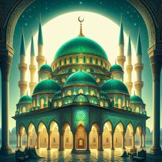 an artistic painting of a mosque with green domes and minas on the roof, in front of a full moonlit sky