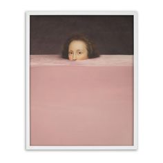 a painting of a girl peeking out from behind a pink sheet with her head above the edge