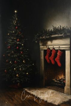 a painting of a christmas tree and stockings