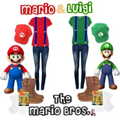 mario and luigi the mario bros costume is shown in three different colors, including green, red