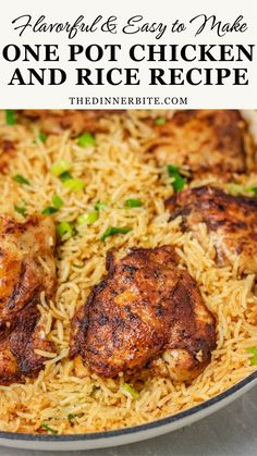 one pot chicken and rice recipe in a skillet with text overlay that reads, how to make one pot chicken and rice