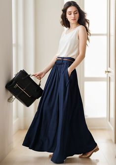 Get dressed and out of the door in classic good looks with this pleated Long maxi skirt, crafted with soft cotton linen fabric, featuring pleated waist detail and two big pockets DETAIL * 50% linen, 50% cotton  * Has no lining, Not see through * Pleated around waist * Two pockets * Belt loops on waistband * Right Side zipper closure * Perfect for spring and summer, autumn More Color https://etsy.me/3lWMb5G * Choose CUSTOM Order if you Can't find your size in our size Chart Change the Style Chang Navy Long Skirt Outfit, Summer Long Maxi Skirt With Pleated Waist, Flowy Wide Leg Maxi Skirt With Pleated Waist, Cotton Maxi Skirt With Pockets, Chic Solid Color Cotton Maxi Skirt, Chic Cotton Maxi Skirt In Solid Color, Cotton Flared Maxi Skirt In Solid Color, Long Blue Skirts, Walking Skirt