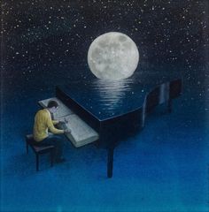 a man sitting at a piano in front of the moon