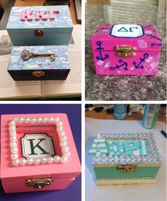 four different types of boxes with letters and numbers on them, all decorated in various colors