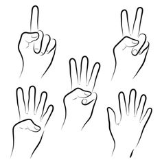 four different hand gestures with one pointing at the camera and two showing the number five