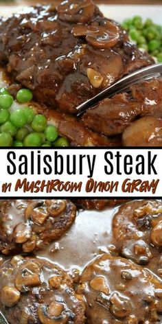 steak with mushrooms and green peas is shown in the foreground, and on the right side