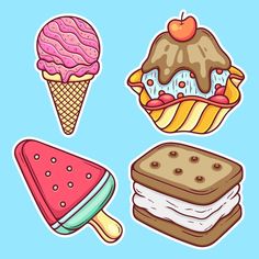 four ice cream and dessert stickers on a blue background