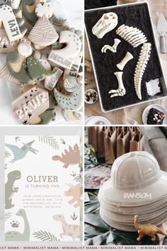 an assortment of dinosaur themed baby shower items