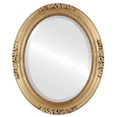 a gold oval mirror with an ornate design on the rim and sides, in front of a white background