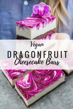 vegan dragonfruit cheesecake bars stacked on top of each other