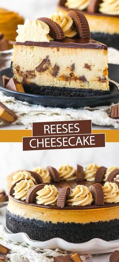 With peanut butter and Reese’s cups in the filling and a chocolate ganache layer on top, this Reese’s Cheesecake recipe is full of chocolate-y peanut butter goodness. If you love Reese’s cups, you won’t be able to resist this cheesecake! Reese Recipes Desserts, Cheesecake Peanut Butter Cup, Chocolate And Peanut Butter Cheesecake, Resses Cheesecake Recipe, Reese Cup Cheesecake, Recipes With Reese’s Peanut Butter Cups, Recipes Using Cheesecake Filling, Peanut Butter Cookie Cheesecake, Reese Cheesecake Recipe