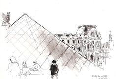 a drawing of a person standing in front of a building with a pyramid on it