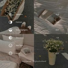 four images show different types of flowers in vases and bed linens on the floor