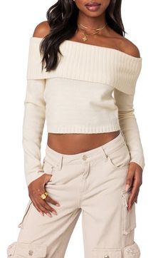 This cool ribbed-trim sweater is knit in a shoulder-baring silhouette with a fabulous fold-over neckline. Off-the-shoulder neck Long sleeves Ribbed cuffs and hem 100% Acrilan acrylic Hand wash, dry flat Imported Looking Put Together, Jeweled Sweater, Visionary Fashion, Shoulder Sweater, Fold Over, S Models, Women Long Sleeve, Knit Top, Off The Shoulder