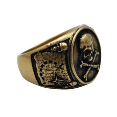 Vintage Gold Engraved Skull Ring, Vintage Brass Skull Jewelry, Vintage Skull Metal Rings, Pirate Rings, Pirate Symbols, Pirate Ring, Famous Pirates, Hand Casting, Cool Rings For Men