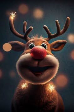 rudolph the reindeer is smiling with christmas lights on his nose and antlers all around him