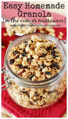 an easy homemade granola recipe in a glass jar