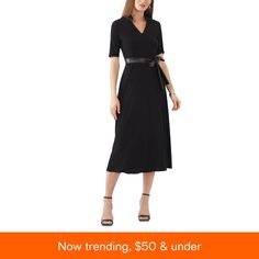 in stock Black Belted Midi Dress For Date Night, Chic Black Belted Dress, Black Belted Midi Dress For Night Out, Black Midi Dress For Office In Spring, Black Midi Dress For Spring Office Wear, Black Belted Midi Dress For Evening, Black Belted Midi Dress For Office, Solid Belted Midi Dress For Evening, Belted Black Dress For Office