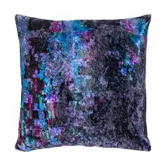 a black and blue pillow with multicolored squares on it