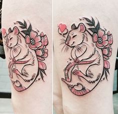 two tattoos on the legs of people with flowers and mice in their heart shaped body