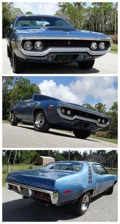 two pictures of the front and side of a blue muscle car, one with chrome wheels