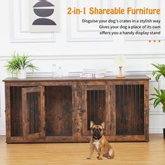 a small dog sitting in front of a wooden sideboard with two doors on it