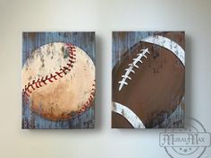 Baseball & Football The Canvas Sporting Canvas Wall Art - Set of 2 Boys Room Decor - MuralMax Interiors Baseball Nursery Decor, Vintage Sports Nursery, Rustic Boys Room, Vintage Sports Decor, Sports Room Boys, Sports Nursery Theme, Baseball Nursery, Nursery Canvas Art, Sports Nursery