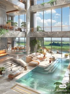 a large indoor swimming pool in the middle of a living room with lots of windows