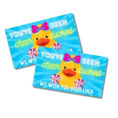 two rubber ducky stickers with the words, you've been cheed and we wish you good luck