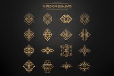 the golden geometric design elements are arranged on black background