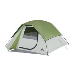 a green and white tent with the inside door open, on a white background for use in camping