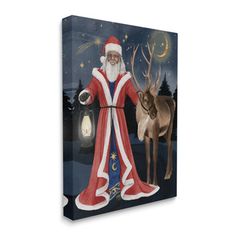 a painting of santa claus with reindeers in the night sky canvas wall art print