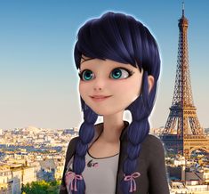 a girl with blue hair standing in front of the eiffel tower