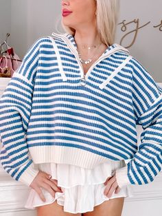 Wrap yourself in coastal comfort with the Cozy By The Coast Pullover from Sassy Shortcake. Cream and blue stripes add a touch of nautical charm, while the half-zip and sweater knit provide warmth and style. Perfect for a beach bonfire or a walk along the shore. content: 100% acrylic fit: true to size, model wearing a size small. Sassy Shortcake, Beach Bonfire, Womens Sweaters, Summer Fashion Outfits, Cute Sweaters, Sweater Knit, The Coast, A Walk, Blue Stripes