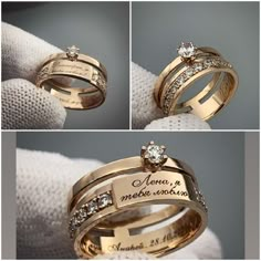 two wedding rings with names on them and diamonds in the middle, one for each