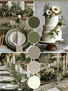 the table is decorated with greenery, candles and plates for an elegant wedding reception