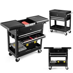 three different types of tool carts with drawers on each side and one holding tools in the middle