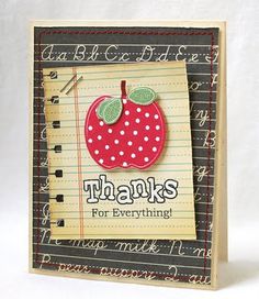 a card with an apple on it and the words thanks for everything written in cursive writing