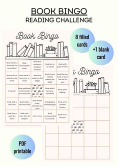 a printable book bingo game with books on it and the text reading challenge below